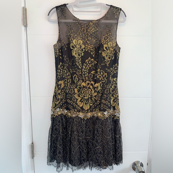 Marchesa Notte Metallic dropwaist lace gold black mini short dress 6 - Picture 3 of 5